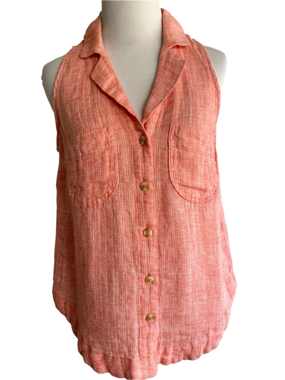 Maeve Anthropologie Coral Pink Sleeveless Button-Front Shirt Top Linen Cotton 6